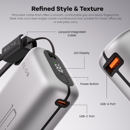 ZLOS MT10 10000mAh Mini Power Bank 22.5W with Lanyard Integrated Cable